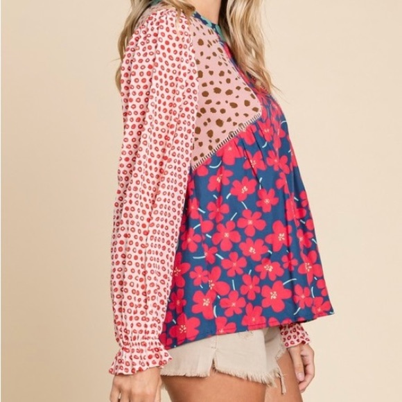 🔥🔥New Boutique Mixed Print Poet Sleeve Top With U-neck /back Button Size Large - Picture 3 of 5